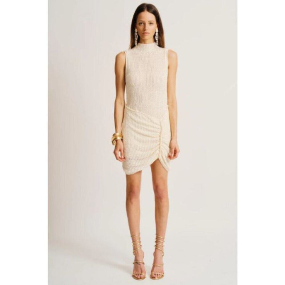 Sleeveless Cream Mini Dress with Ruched Hem